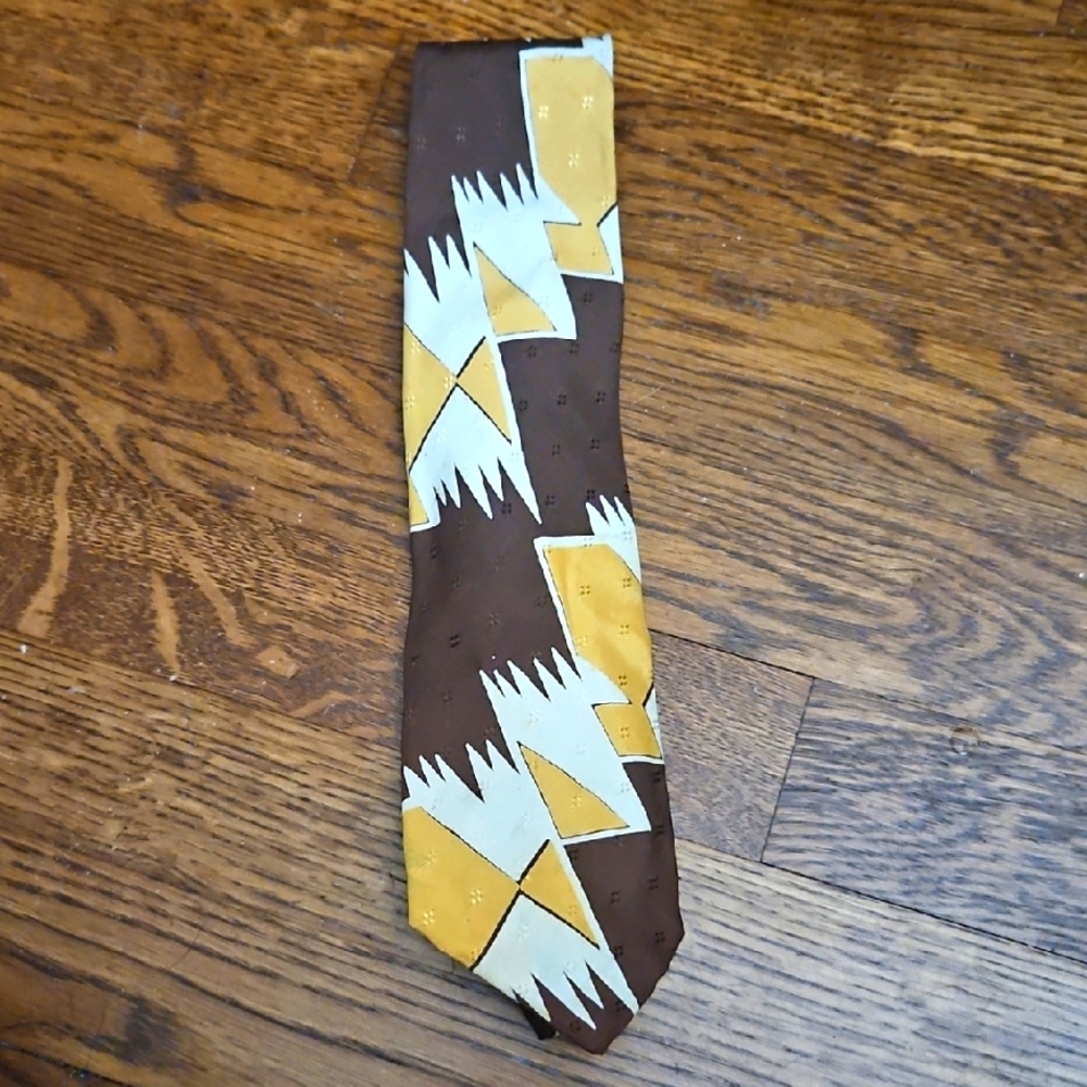 Vintage 100% Silk Brown and Yellow Geometric Men's Tie